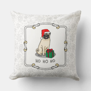 Christmas Santa Hat Pug Dog (light fawn) Cute Throw Pillow