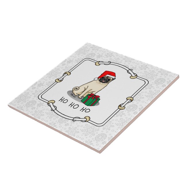 Christmas Santa Hat Pug Dog (light fawn) Cute Tile (Side)