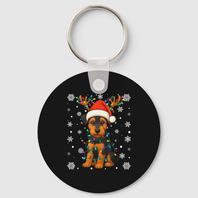 Christmas Santa Hat Reindeer Airedale Terrier Love Keychain (Front)