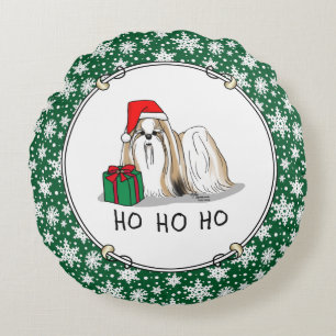 Christmas Santa Hat Shih Tzu (tan white) Dog Cute Round Pillow