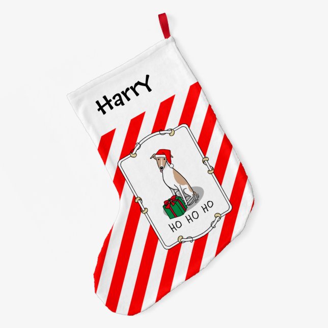 Christmas Santa Hat Whippet Dog Fawn & white Cute Large Christmas Stocking (Back (Hanging))