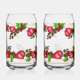 Christmas Santa Hats & Presents Festive Holiday Can Glass