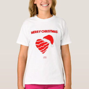 Christmas Santa Heart Girls White Basic T Shirt