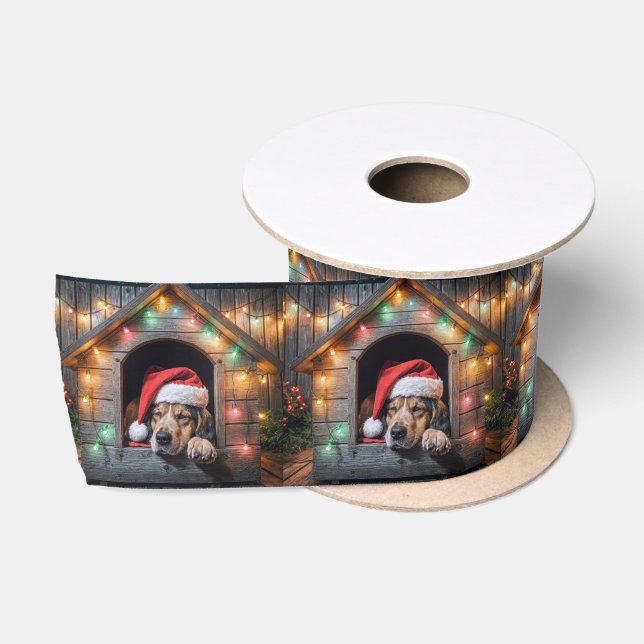Christmas Santa Hound Dog In Doghouse Satin Ribbon (Spool)