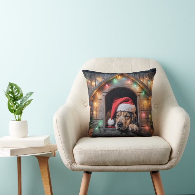 Christmas Santa Hound Dog In Doghouse Throw Pillow (Chair)