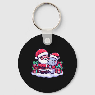 Christmas Santa Hugging Hippopotamus In Santa Hat Keychain