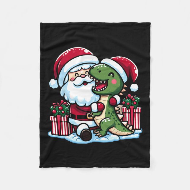 Christmas Santa Hugging T Rex Dinosaur In Santa Ha Fleece Blanket (Front)