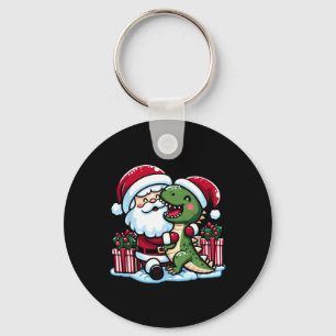 Christmas Santa Hugging T Rex Dinosaur In Santa Ha Keychain