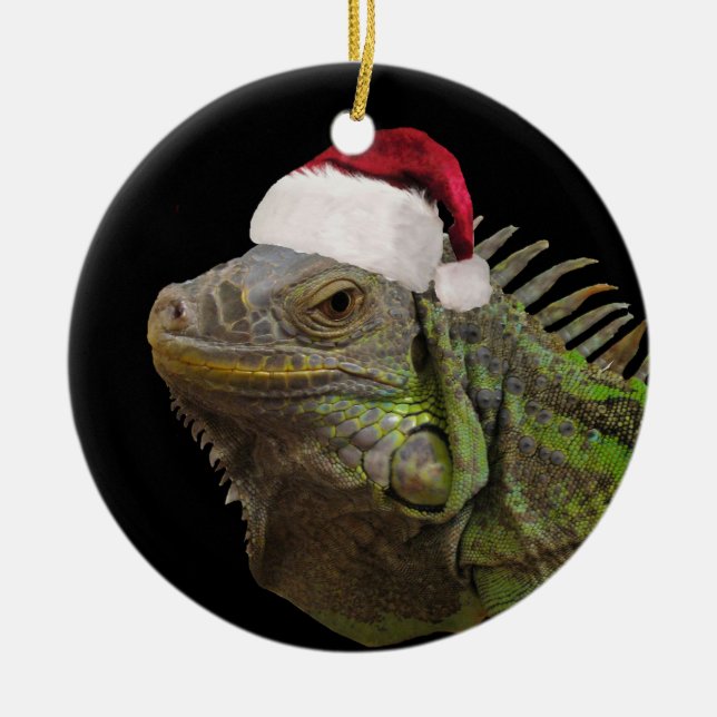 Christmas Santa Iguana Lizard Ceramic Ornament (Front)