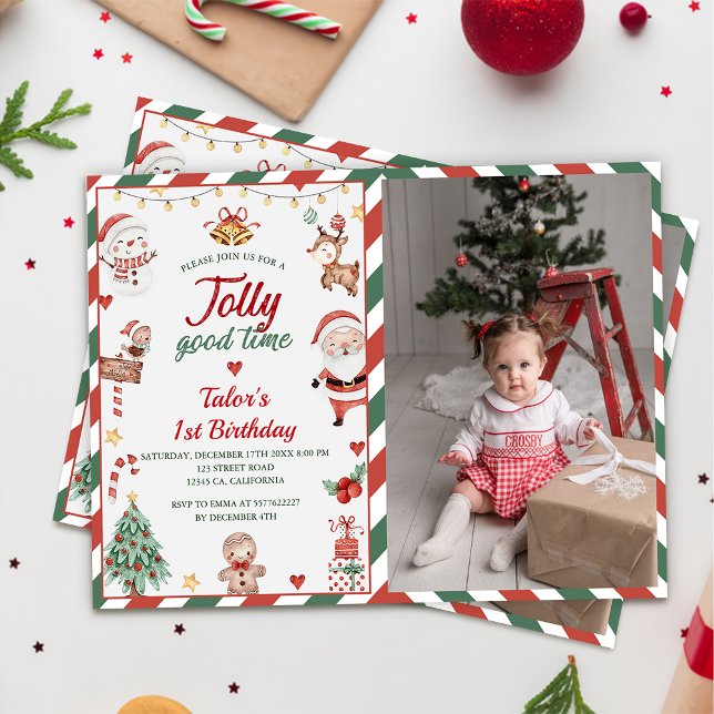 Christmas Santa Jolly Good Time 1st Birthday Photo Invitation (Creator Uploaded)