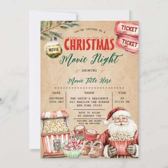 Christmas Santa Movie Night Popcorn Rustic Invitation (Front)