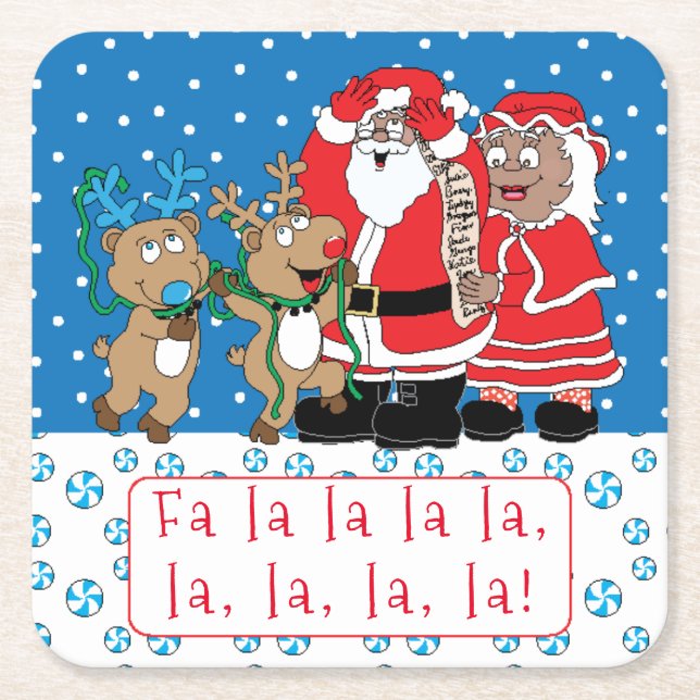 Christmas Santa Mrs Claus of Colour Square Paper Coaster (Front)