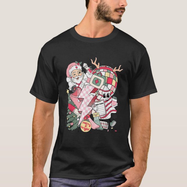 Christmas Santa Nurse Disco Ball Rn CNA Icu Med Su T-Shirt (Front)