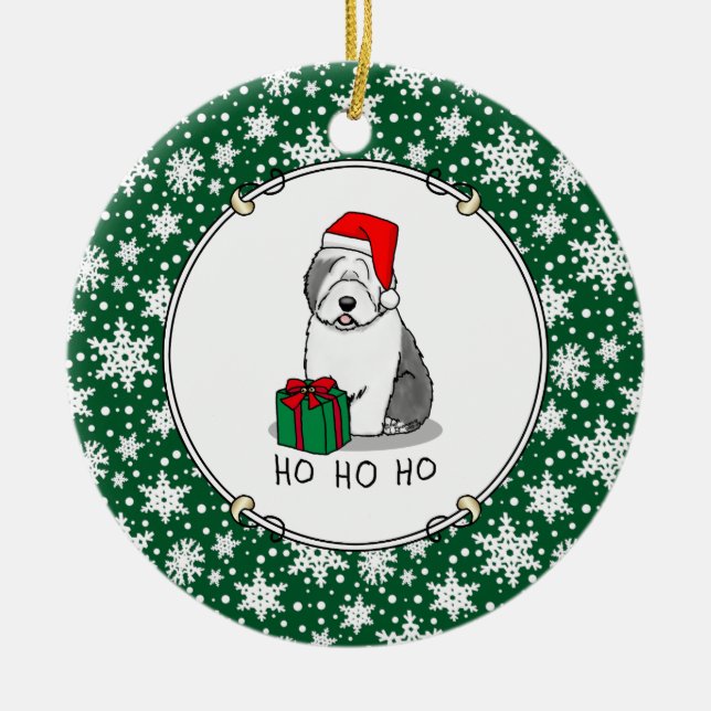 Christmas Santa Old English Sheepdog (Grey 1) Cute Ceramic Ornament (Front)