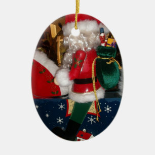 Christmas Santa on a Horse with Snow Art Print Ceramic Ornament