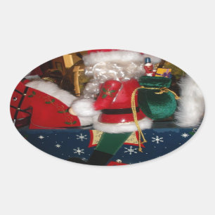 Christmas Santa on a Horse with Snow Art Print Oval Sticker