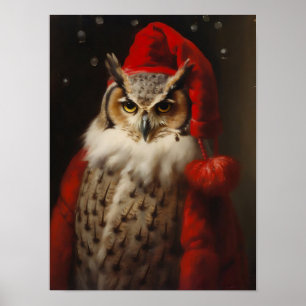 Christmas Santa Owl Vintage Portrait, Dressed Anim Poster