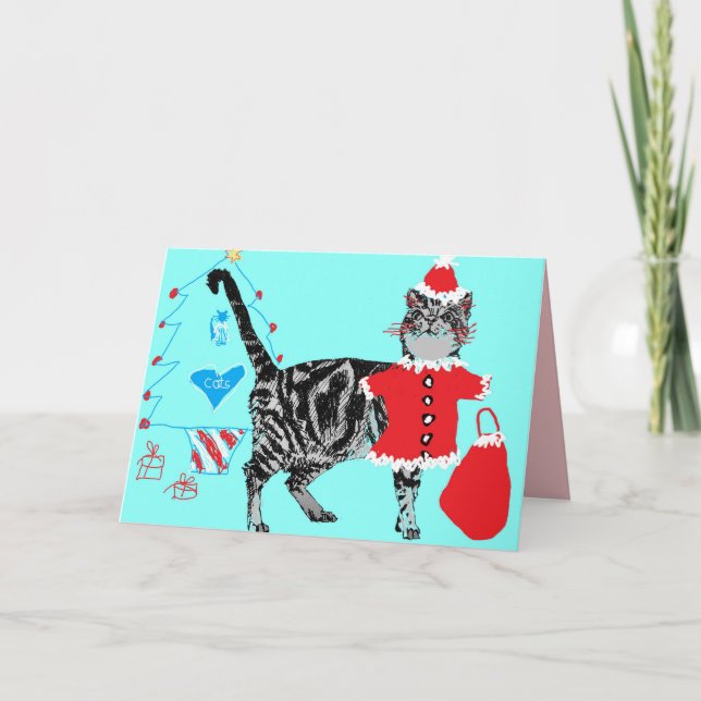 Christmas Santa Paws Stripy Tabby Cat Card Aqua (Front)