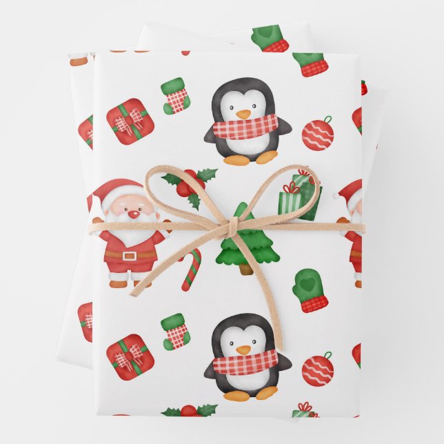 Christmas Santa, Penguin and Decorations  Wrapping Paper Sheet (In situ)
