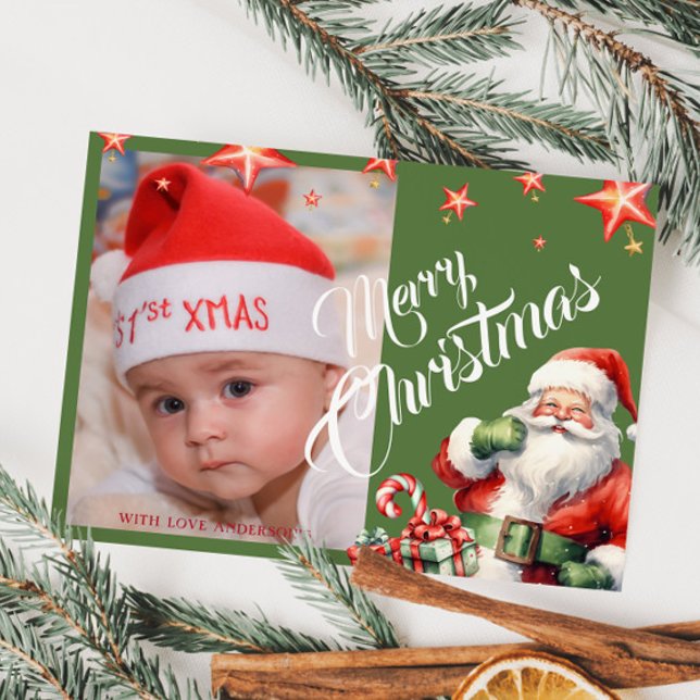 Christmas Santa Personalized Photo Green Postcard (Creator Uploaded)