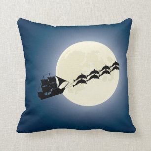 Christmas Santa Pirate Ship with Dolphins Throw Pillow