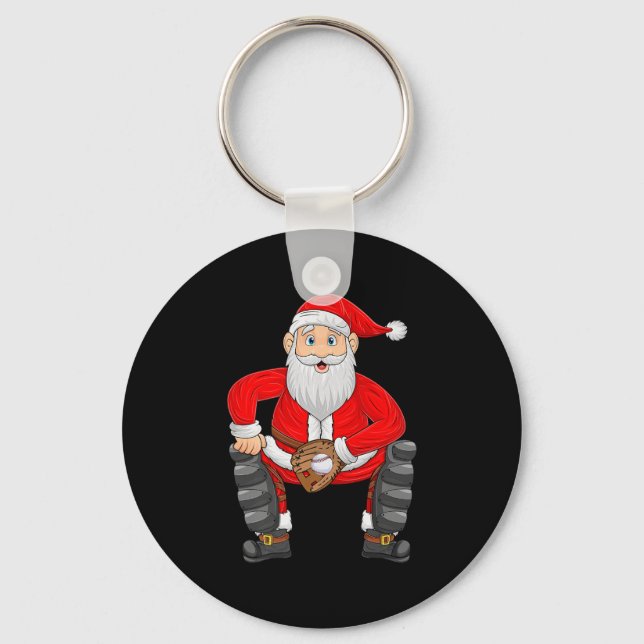 Christmas Santa Playing Baseball Catcher Xmas Srts Keychain (Front)