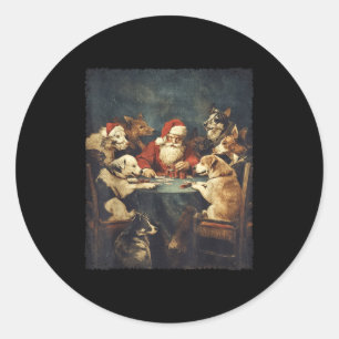 Christmas Santa Playing Cards Dogs Playing Ker  Classic Round Sticker