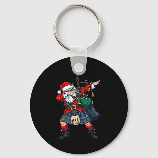 Christmas Santa Playing Scottish Bagpes Funny Holi Keychain (Front)