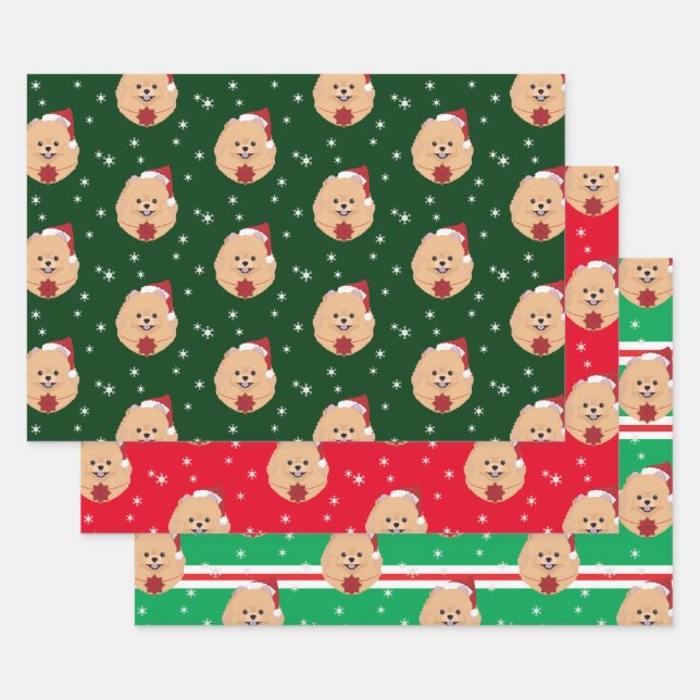 Christmas Santa Pomeranian Dog Snowflake Wrapping Paper Sheet (Set)