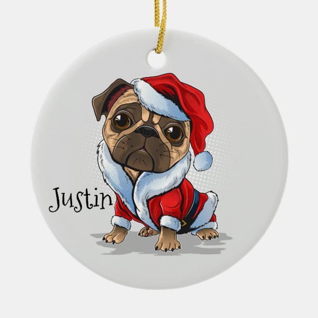 Christmas Santa Pug Ceramic Ornament (Front)