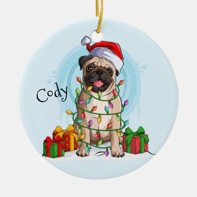 Christmas Santa Pug Ceramic Ornament (Front)