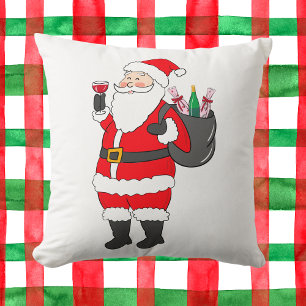 Christmas Santa Red Wine Lover Festive Throw Pillow