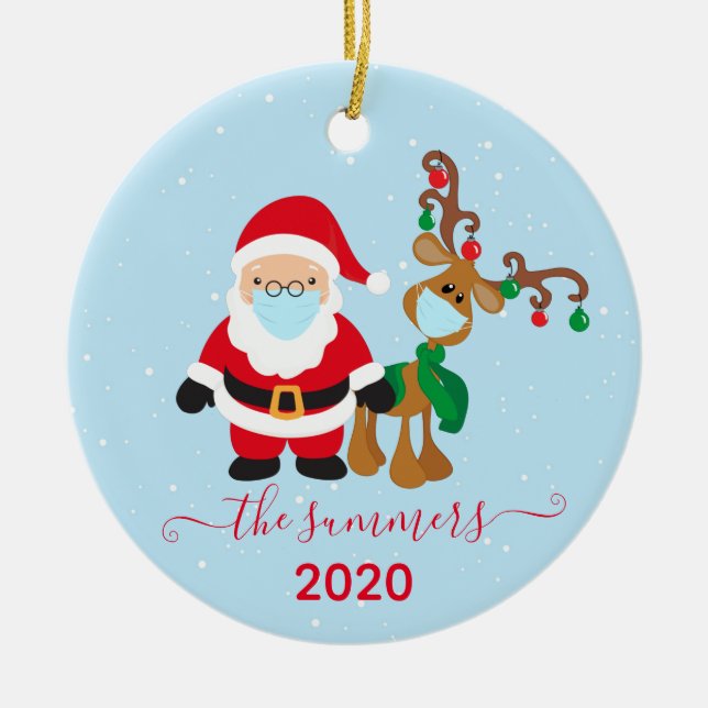 Christmas Santa Reindeer Calligraphy 2020 Covid Ceramic Ornament (Front)