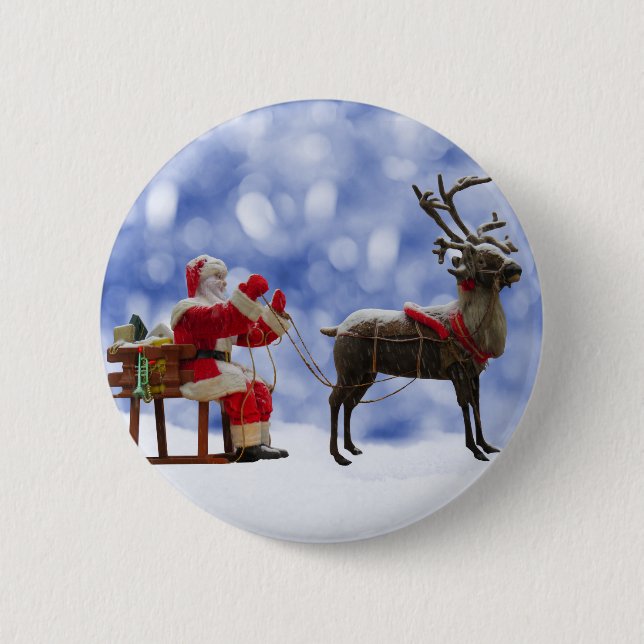 Christmas Santa Reindeer Sledging Snow 2 Inch Round Button (Front)