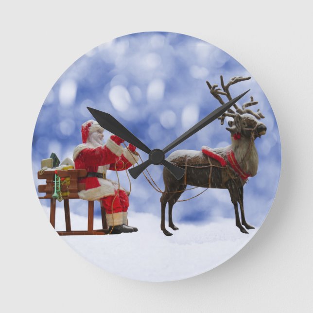 Christmas Santa Reindeer Sledging Snow Round Clock (Front)