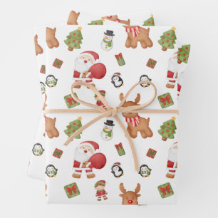 Christmas Santa, Reindeer, Snowman, Penguin Wrapping Paper Sheet