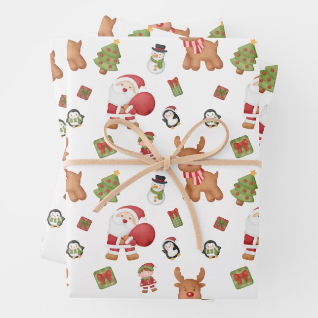 Christmas Santa, Reindeer, Snowman, Penguin Wrapping Paper Sheet (In situ)