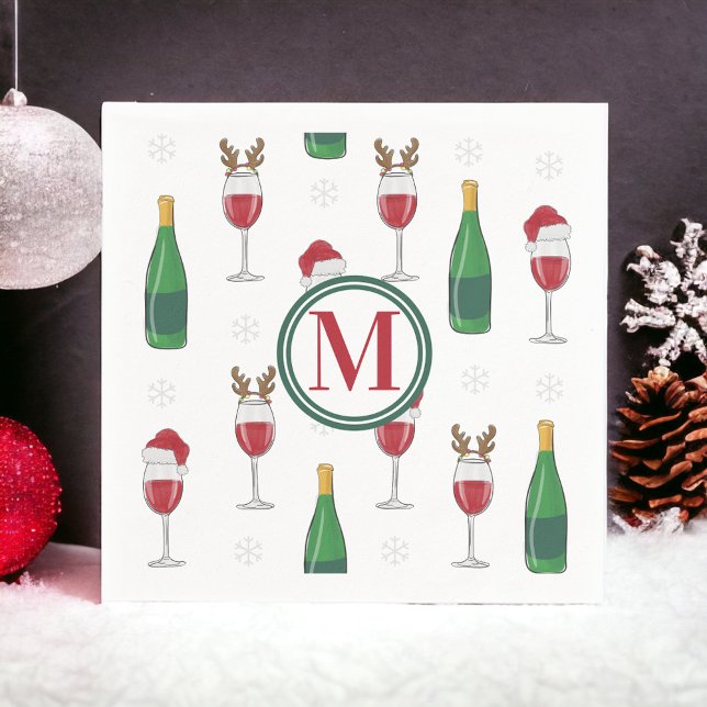 Christmas Santa Reindeer Wine Snow Monogram Napkin (Creator Uploaded)