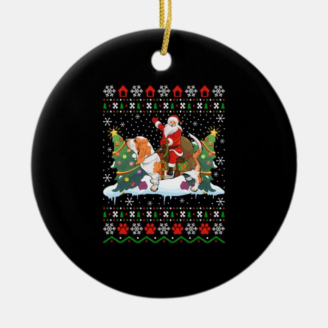 Christmas Santa riding Basset Hound ugly Ceramic Ornament (Front)