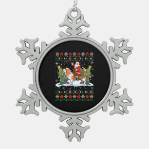 Christmas Santa riding Basset Hound ugly Snowflake Pewter Christmas Ornament