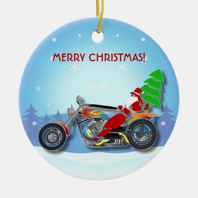 Christmas Santa Riding Chopper Bike With Red Hat Ceramic Ornament (Front)