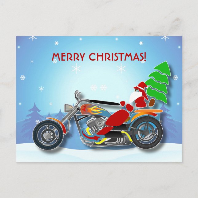 Christmas Santa Riding Chopper Bike With Red Hat Holiday Postcard (Front)