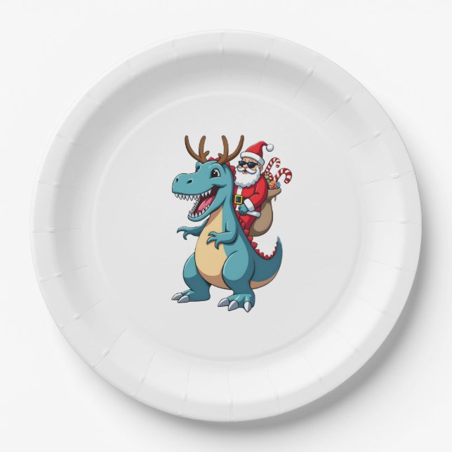 Christmas Santa Riding Dinosaur Deer Xmas (1) Paper Plate (Front)