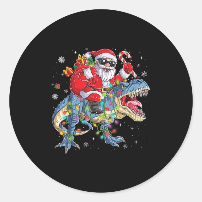 Christmas Santa Riding Dinosaur Funny Xmas Lights  Classic Round Sticker (Front)