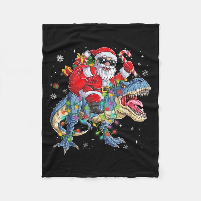 Christmas Santa Riding Dinosaur Funny Xmas Lights  Fleece Blanket (Front)