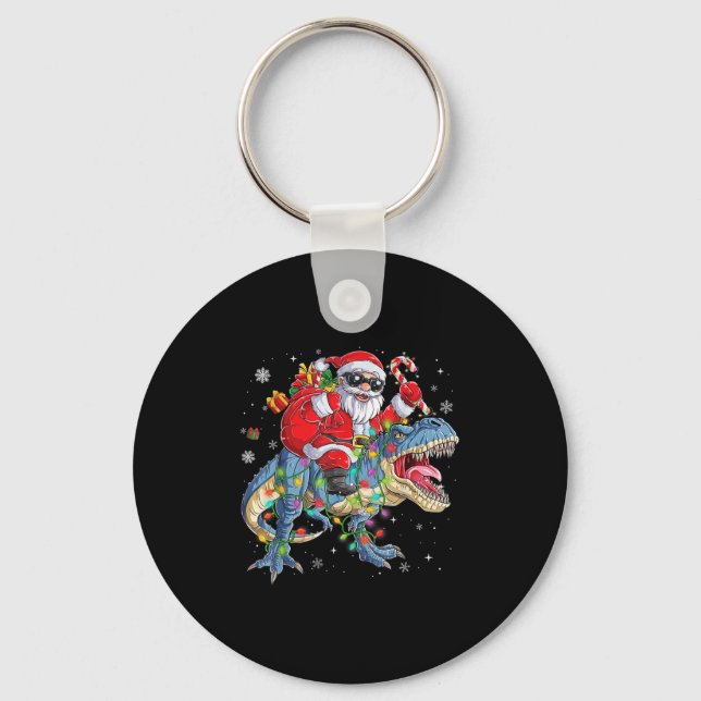 Christmas Santa Riding Dinosaur Funny Xmas Lights  Keychain (Front)