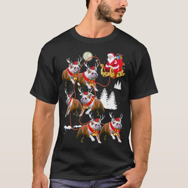 Christmas Santa Riding English Bulldog Xmas T-Shirt (Front)