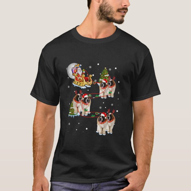 Christmas Santa Riding Sleigh Reindeer St Bernard  T-Shirt (Front)
