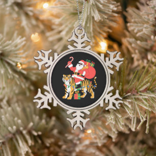 Christmas Santa Riding Tiger Candy Cane Xmas Snowflake Pewter Christmas Ornament