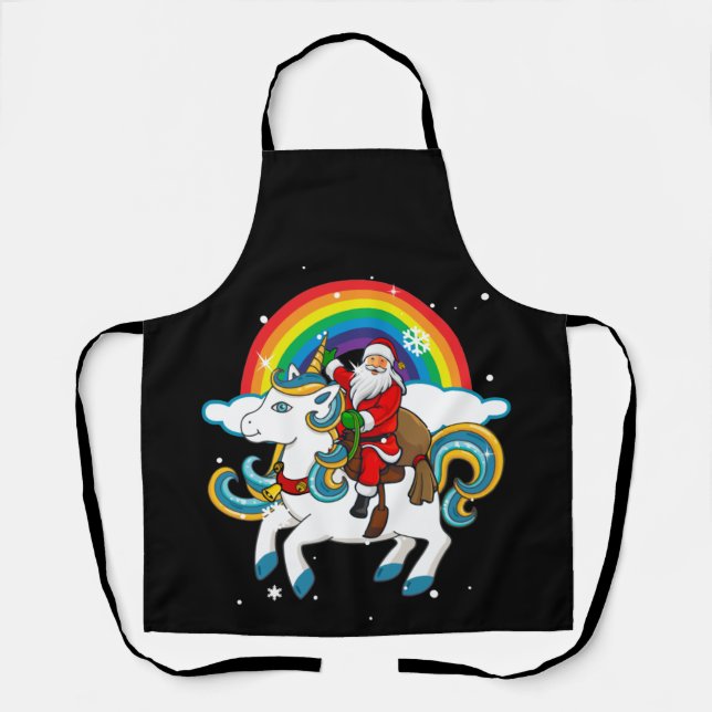 Christmas Santa Riding Unicorn Xmas Gifts Rainbow Apron (Front)